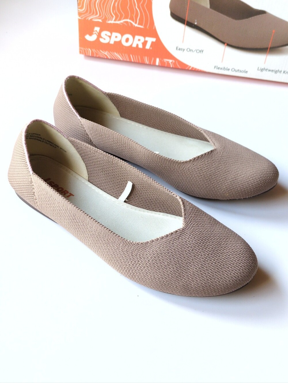 J Sport Doreen Flats Lightweight Knit Flexible Easy Slip On Sz 7.5 Tan Taupe